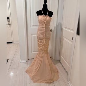 Ruffle mermaid ruched mesh halter neck beige long  tulle dress Size S